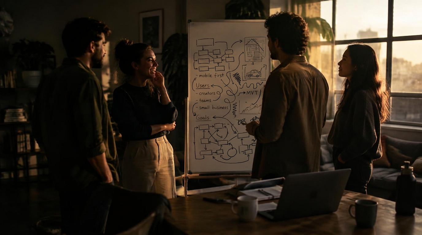 A small team of founders talking around a whiteboard